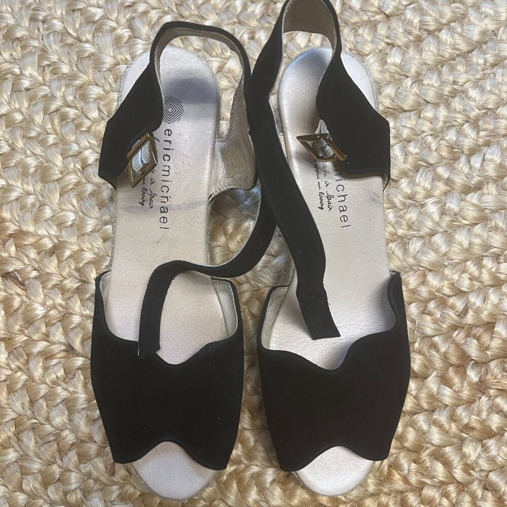 Eric Michael Black Suede Leather Espadrille Wedge Sandals
